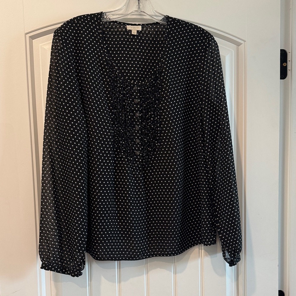 Talbots Black Blouse with White Polka Dots